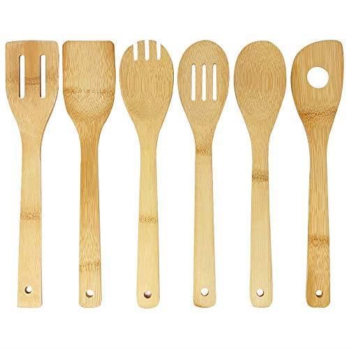 Ustensiles de cuisine en bois de bambou | 6 ustensiles de qualité : cuillère, spatule, cuillère-fourchette, cuillère-spatule
