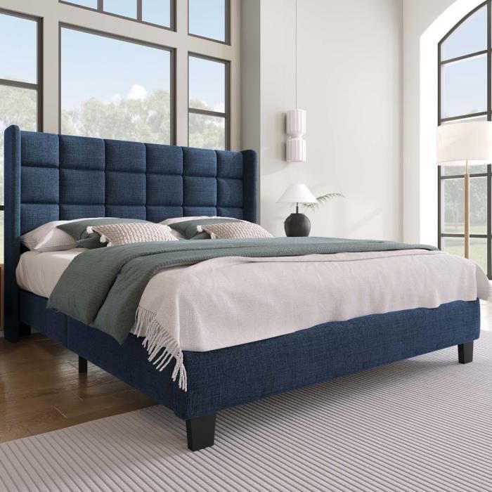 Lit adulte en tissu de lin 140x200cm avec sommier à lattes et tête de lit rembourrée - Bleu Lit adulte en tissu de lin 140x200cm avec sommier à lattes et tête de lit rembourrée - Bleu