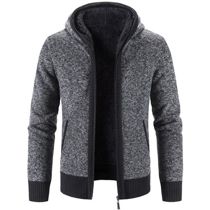 Gilet Hiver Homme a Capuche Doublee Polaire Veste Chaude Epaisse Manches Longues Couleur Constraste Gris fonce Cdiscount Pret a Porter