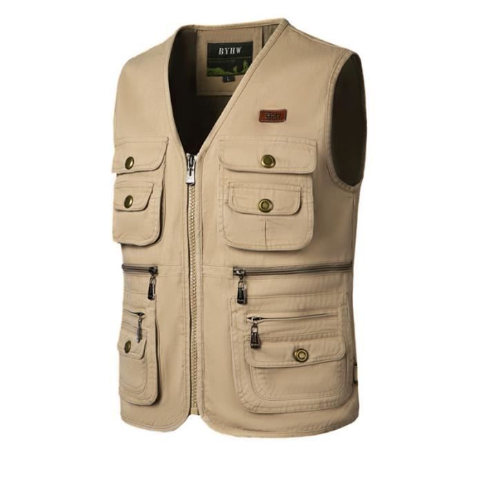 Gilet de Pêche Homme Grande Taille en Coton Multi-Poches Veste de Voyage -  Kaki