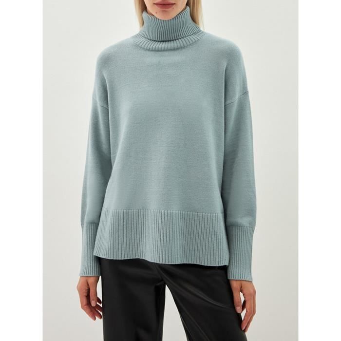 Essentials Pull de pêcheur à manches longues et col rond pour femme (disponible en grande taille), rayures rugby blanc marine, taille P