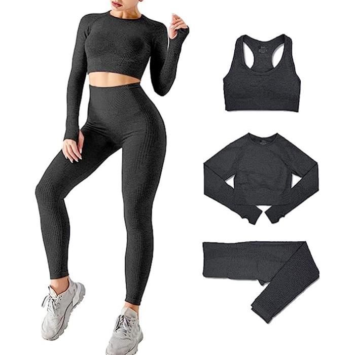 Ensemble de vêtements de fitness 2 pièces pour femmes, haut court à manches  longues et leggings taille haute, vêtements de sport, ensemble de jogging,  entraînement, yogaXLWhite