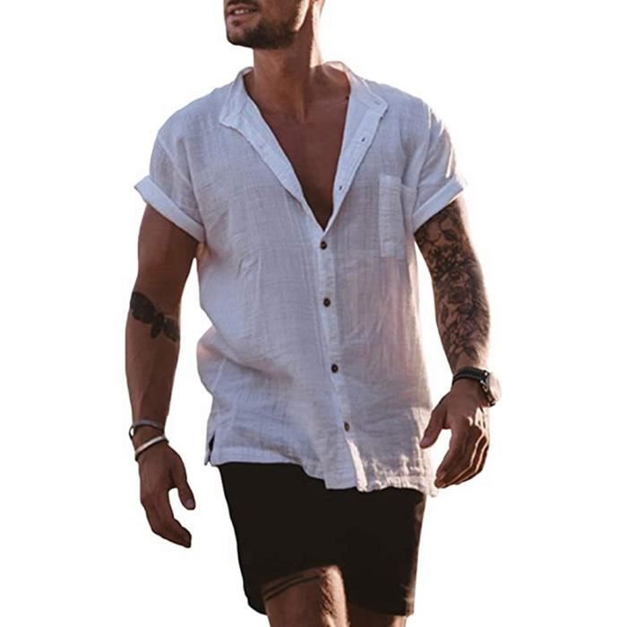 Chemise Homme Lin Manches Courtes IClosam - 100% Coton Uni - Coupe Classique Pochette