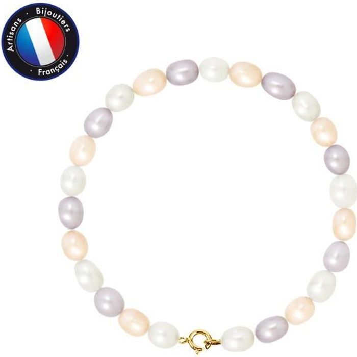PERLINEA - Bracelet Véritable Perle de Culture d'Eau Douce Riz 5-6 mm Multicolore - Or Jaune - Bijoux Femme