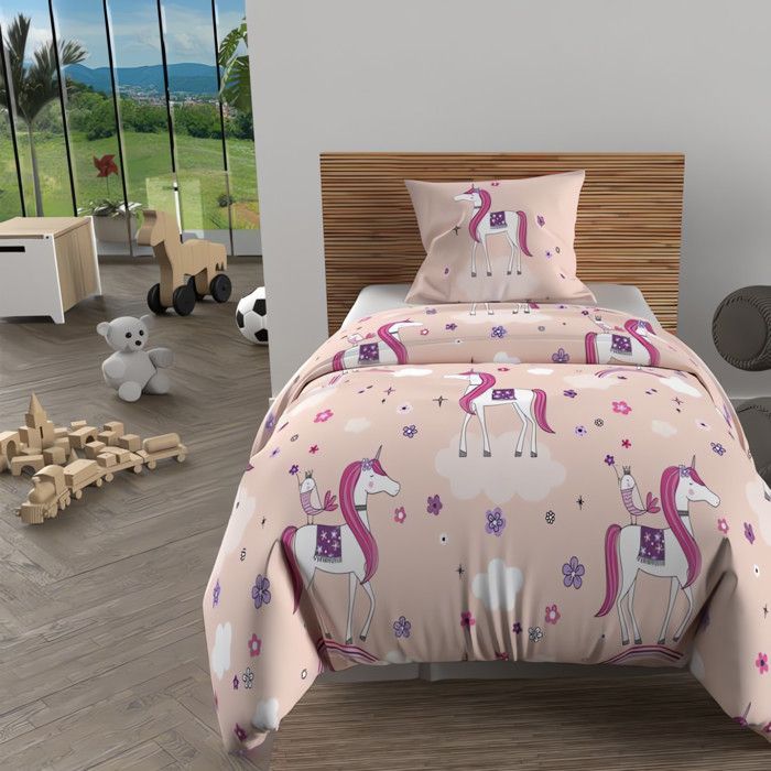 Parure housse de couette 140x200 cm LICORNES rose 100% coton 57 fils/cm2 par Soleil dOcre