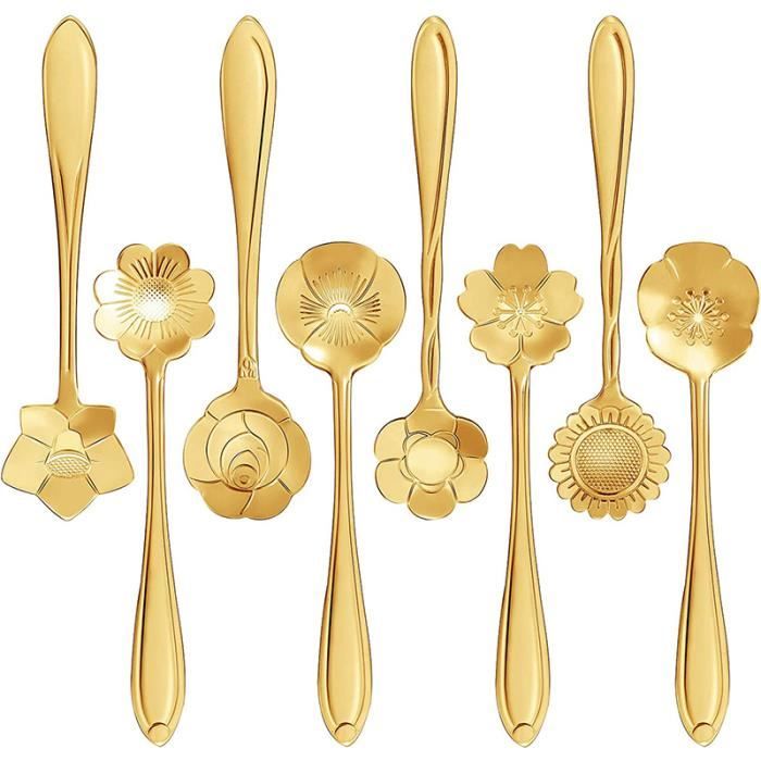 16 Pcs Cuillères à Café WOVTE Cuillère à Café Forme de Fleur Cuillères à Thé Dessert Cuillère à Mélanger Vaisselle (Or)