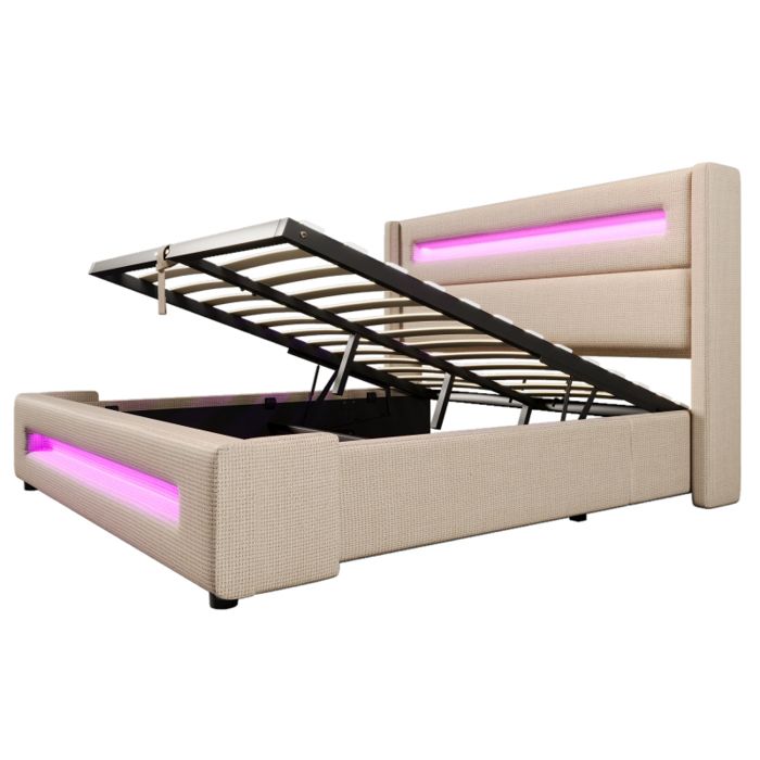 Lit Coffre 140x200 Cm En Velours Beige Avec LED RGB, Tête De Lit Avec Rangement Et Ports Usb Usb C Lit Coffre 140x200 Cm En Velours Beige Avec LED RGB, Tête De Lit Avec Rangement Et Ports Usb Usb C