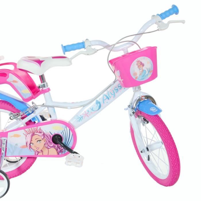 Vélo 12 Pouces Dinobikes Fille – Cadre Acier, Selle Réglable, Frein, Garde-boue, Panier, Porte-bébé, Stabilisateurs Amovibles, Roues E.V.A, Dès 3 Ans