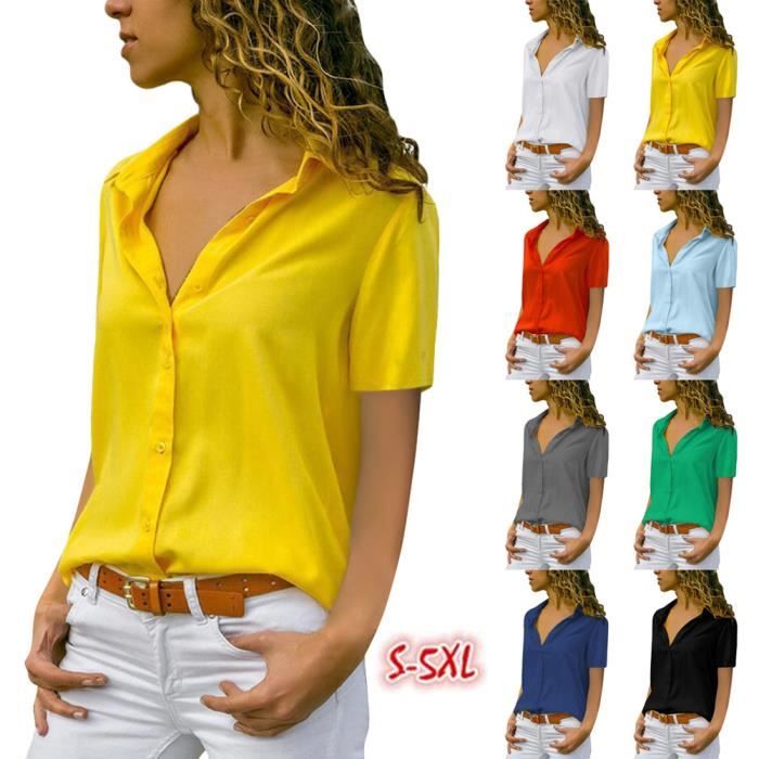 Chemise Jersey Chemisier Femme Manches Courtes Jaune Mousseline de Soie