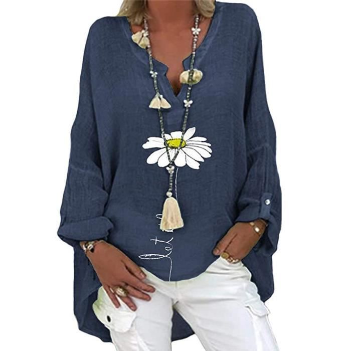 Tunique Pour Femmes Plus la taille des decontracte imprime floral lache a col en v a manches longues Navy