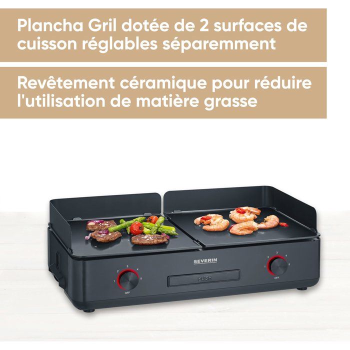 Plancha électrique SEVERIN 2200W - 2 Plaques Céramique 48x27cm