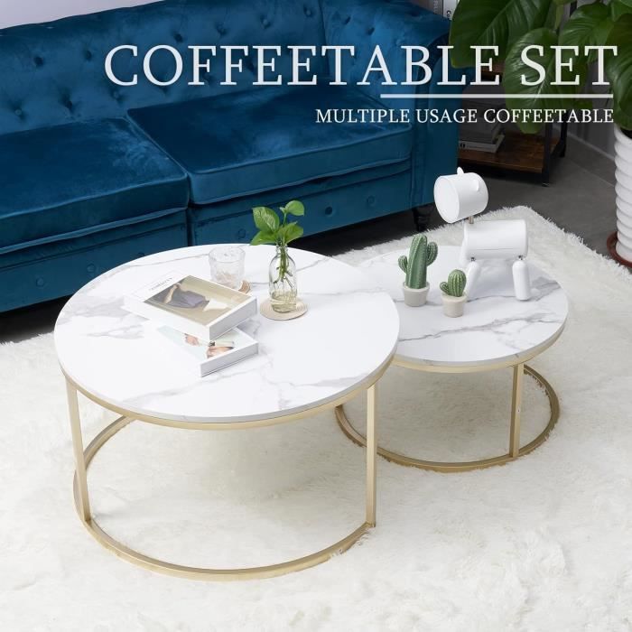 Huuryoudo Lot de 2 Tables de canapé, Table Basse Ronde avec Structure ...