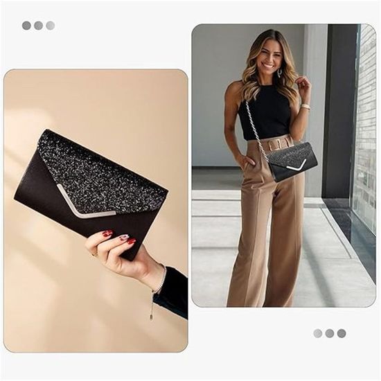 Pochette de soirée pour femme - Sac à main à paillettes double face avec chaîne - Sac à main à bandoulière pour fête de mariage (argent, style élégant), Comme sur l'image