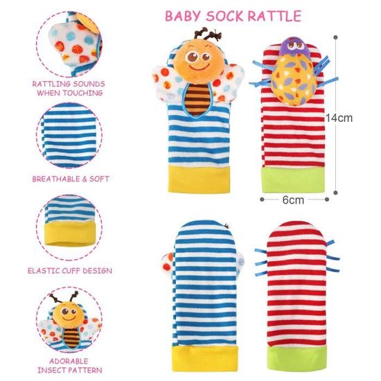 Ballery Bébé Poignet et Chaussettes Hochet, 4PCS Hochet Pied et Poignet Coffret Hochets pour Bébé Poignets et Pieds Hochet Jouets en Education Montessori pour 0-6 Mois | Votre wishlist sur