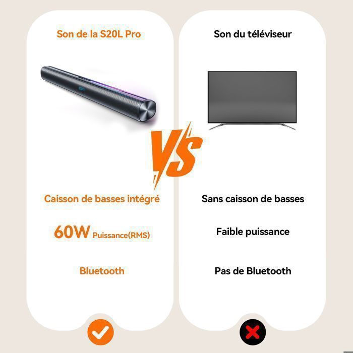 Barre De Son VEVOR 2.0 – 80W, 45 Cm – Connexion Bluetooth, HDMI, AUX, USB – Télécommande Incluse – Pour TV, PC, Projecteur – Design Compact