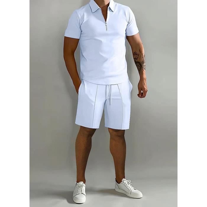 Survetement Ensemble de Vetements Homme Été Manche Courte Deux Pièces  Couleur Unie Polo Tee Shirt Avec Revers Court et avec Blanc