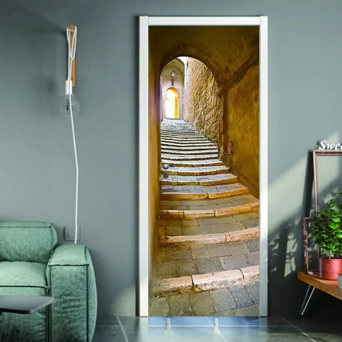 A.Monamour Sticker Porte Autocollant Poster De Porte 3D Arche du Château Antique Et Marches D'Escalier Vinyle Affiche De Porte Sticker Mural Papier Peint Art Décor 85 x 200 cm