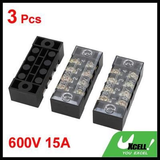 Vaorwne 3 Pcs 600V 15A 4 Positions Deux rangees Couvert Barriere Bornier a vis Bande
