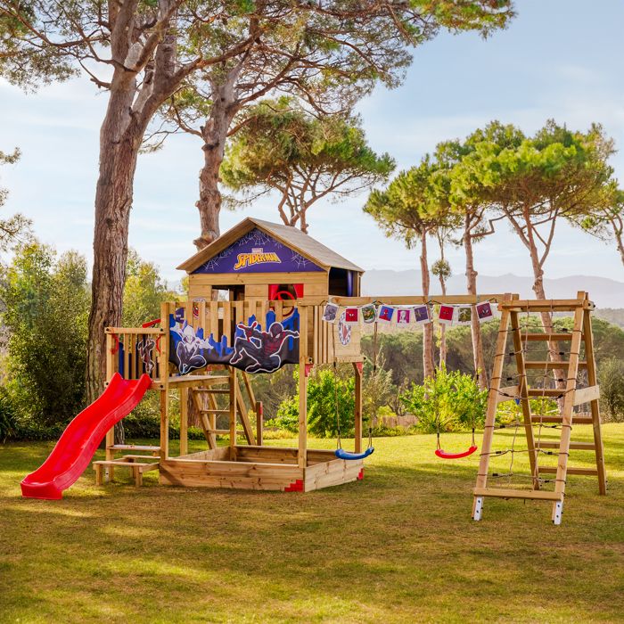 WICKEY Aire de Jeux VanillaFlyer portique en Bois avec bâche & balançoire et Toboggan, Tour d'escalade pour Enfants avec bac à Sable, échelle et Accessoires de Jeu pour Le Jardin - Vert