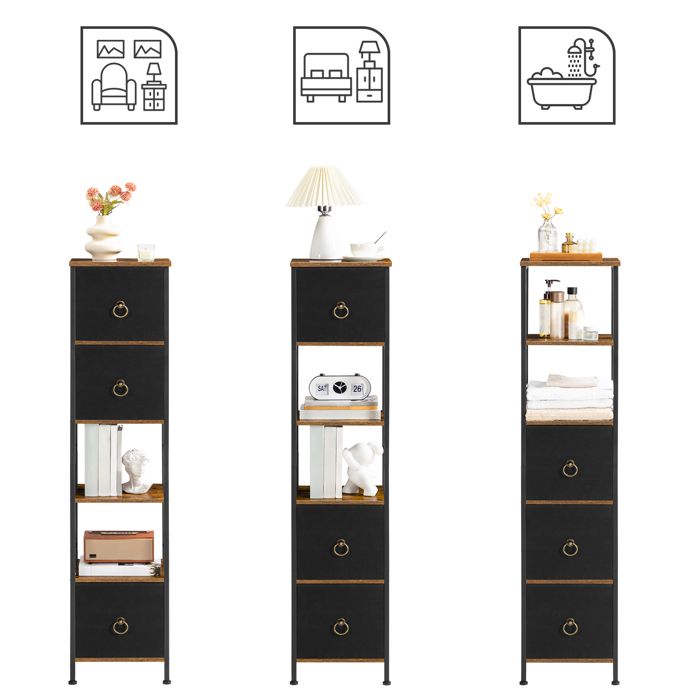 Meuble De Salle De Bain étroit Pour Coin – 3 Tiroirs Tissu, Rangement Ouvert/fermé, Style Industriel Blanc - 6