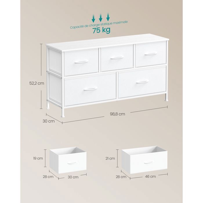 SONGMICS Commode à tiroirs avec 5 tiroirs en tissu, pour couloir, chambre à coucher, gris chiné