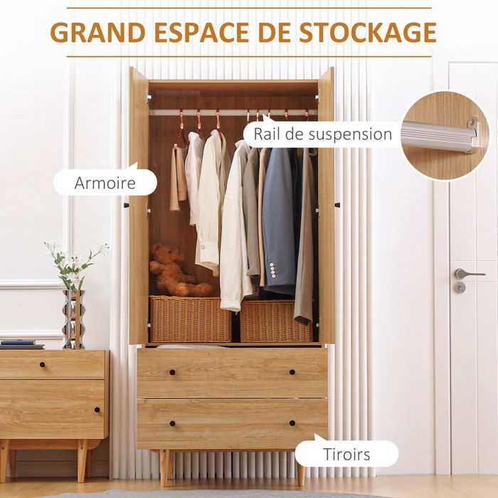 Armoire Rangement Tissu HOMCOM Pliable - 5 Étages, 2 Barres, 3 Tiroirs - 125x43x162.5 Cm Gris