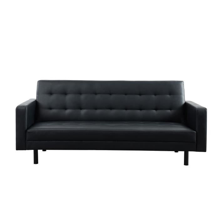 CARL Canapé droit convertible 3 places - Simili noir + pieds en métal noir mat - Contemporain - L 204 x P 82 cm