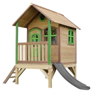 MAISONNETTE EXTÉRIEURE Maison Enfant avec Toboggan AXI Tom Gris | Aire de Jeux Extérieur en Marron & Vert | Cabane de Jeu en Bois FSC