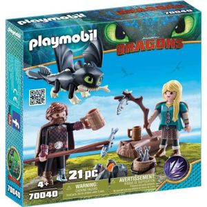 UNIVERS MINIATURE PLAYMOBIL - Dragons 3 - Harold et Astrid avec bébé dragon - Feu de camp et accessoires inclus