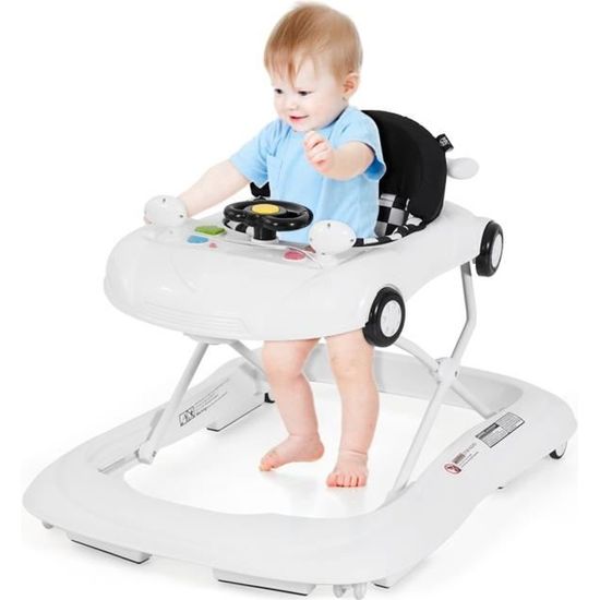 COSTWAY Trotteur Youpala Bébé 6-18Mois 2 en 1 Pliable avec Musical,3 Hauteurs Réglables Siège et Dossier Rembourré Charge 12kg Blanc