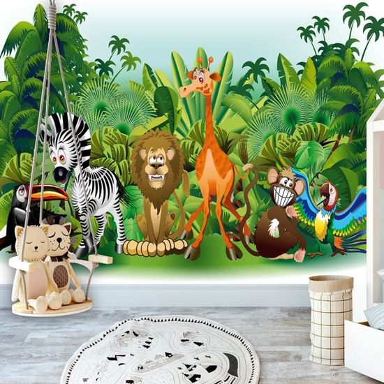 Papier Peint Enfant Intissé Panoramique Animaux Jungle 416x254 cm - Colle  Inclus - Chambre Enfant Mixte - Moderne Trompe l'oeil