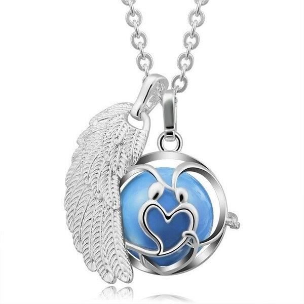 Bola de grossesse double pendentif cœur et aile d'ange carillon bleue * Longueur collier : 114 cm * Matière pendentif : Cuivre,