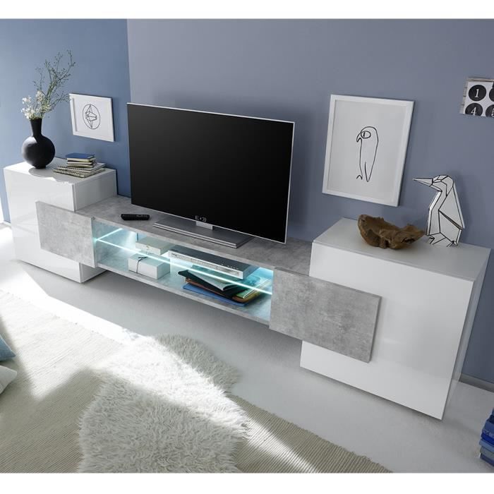 Meuble TV design blanc laqué brillant et effet béton EROS Sans L 258 x P 37 x H 61 cm Blanc