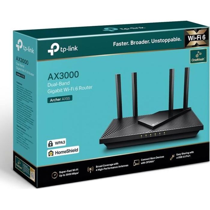 TP-Link Routeur WiFi 6 , Routeur WiFi AX3000 bi-bande, WiFi 6, 5 ports Gigabit, Port USB 3.0, 4 antennes, OneMesh, WPA3, Archer AX55