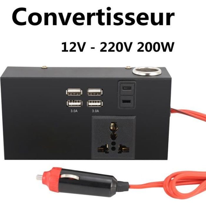 Convertisseur Onduleur Métal 200W 12V-220V Chargeur Allume-Cigare Transformateur de Courant avec 1 Prise et 4 Ports USB