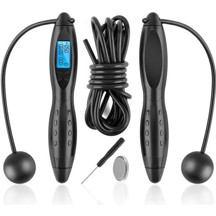 Corde à Sauter, Corde sans Fil Numérique Réglable avec Compteur de Calories pour Exercices de Brûlure des Graisses- Noir
