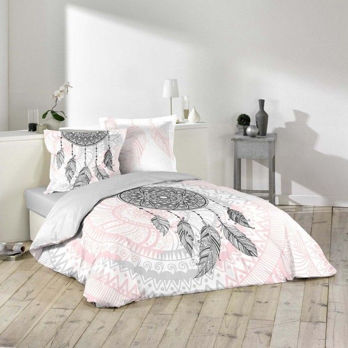 Housse de couette 220x240 Namaste + 2 taies 100% coton Blanc, Gris, Rose