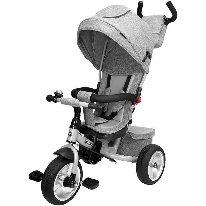 HyperMotion Tricycle Évolutif Enfant 1 à 5ans - Roues Pompées, Repose Pieds, Poussoir Réglable, Design soigné, Poussette Grise