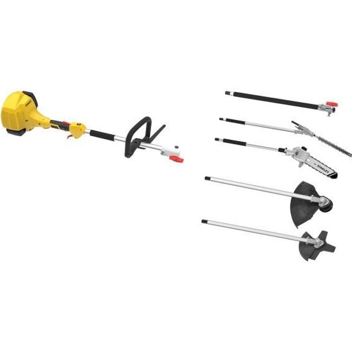STANLEY Outil 4 en 1 - Coupe-bordure - Débroussailleuse - Elagueuse - Taille haie - Moteur 26 cm² 2 temps - Carburateur Walbro