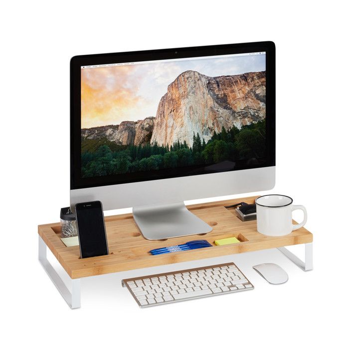 Relaxdays Support de moniteur, Rehausseur de PC en bambou et fer, moniteur ou PC, organiseur de table ergonomique, blanc -