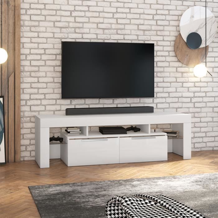 Meuble TV - VERGON - blanc mat / blanc brillant - sans LED
