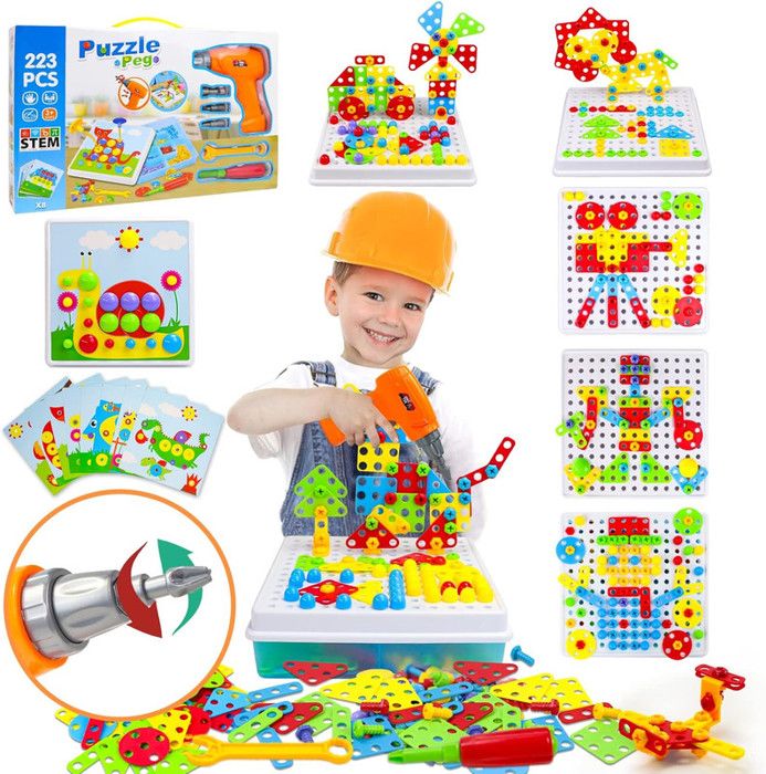 223PCS Jouet Mosaique Enfant Puzzle 3D Jeux Construction Avec Perceuse Électronique Jouet Enfant 3 4 5 4 5 6 7 Ans Garcon Fille