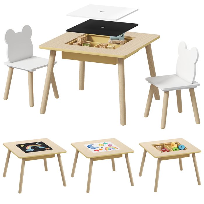 Ensemble 1 table et 2 chaise 3 pièces - AIYAPLAY - pour enfants avec plateau réversible espace de rangement bois naturel
