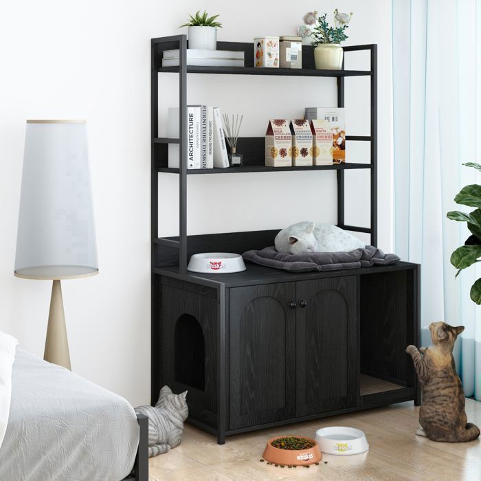 Meilleurs prix pour ARBRE A CHAT-Meuble pour Litière à Chat avec  Griffoir Maison pour Chat avec Étagère40X31X170CMNOIR