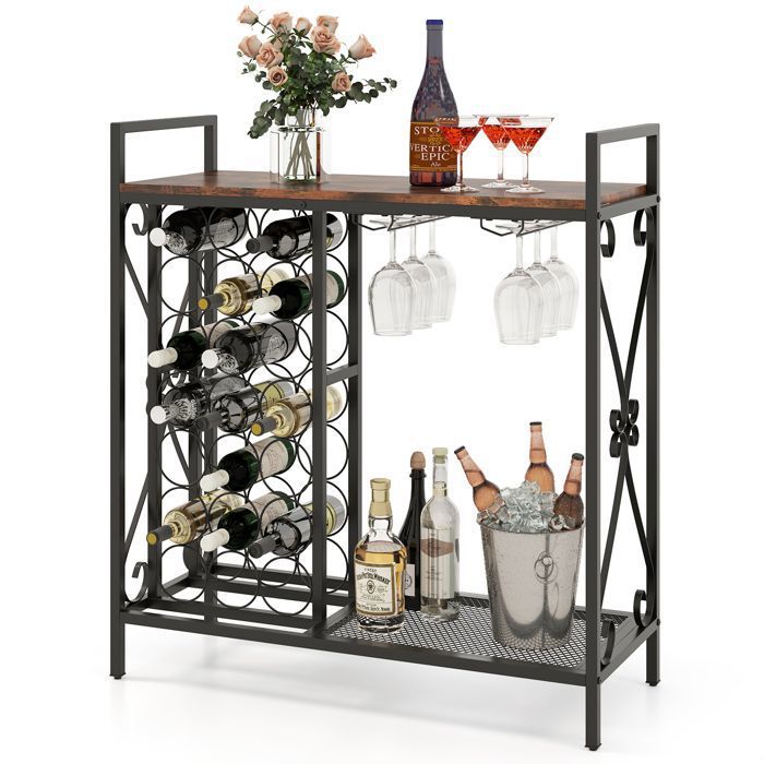 Casier à Bouteilles De Vin 3 Niveaux Avec Prises Et Ports USB - Porte 21 Bouteilles + 8 Verres - 120x40x92 Cm - Anthracite