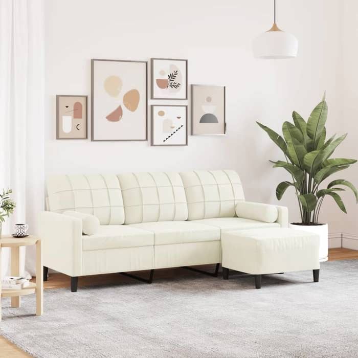vidaXL Canapé à 3 places avec repose-pieds Crème 180 cm Velours canapé canapé de salon canapé 3 places en velours canapé 3278275