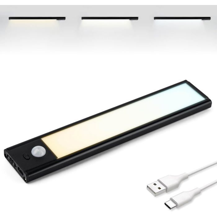 Led Armoire Detecteur Mouvement Reglette Led Rechargeable USB-C 3 Températures de Couleur LED Dressing Lampe de Placard Dimmab
