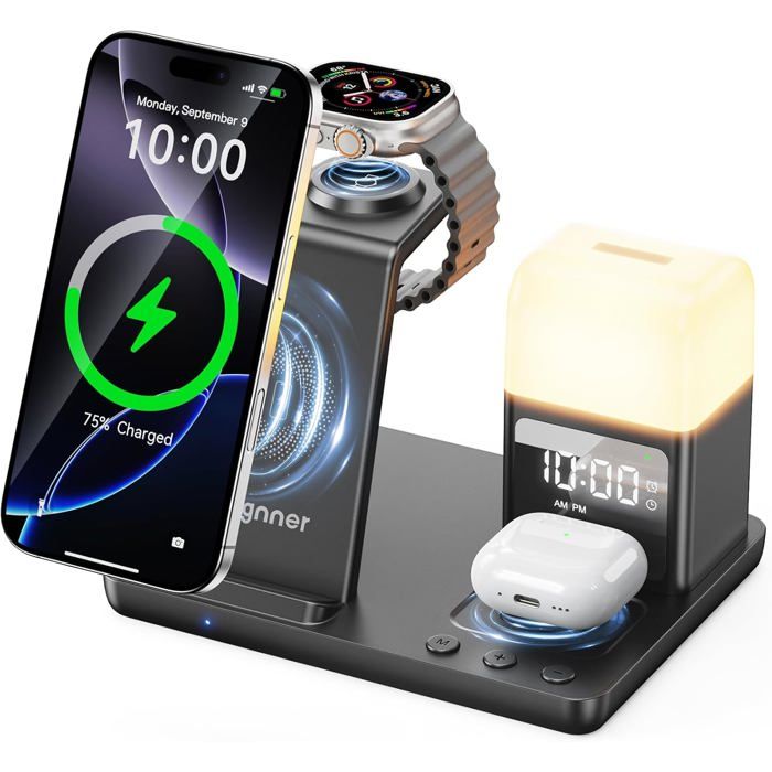 Station de Charge Augnner 6 en 1 avec Lampe de Nuit et Réveil pour iPhone et iWatch (Noir)