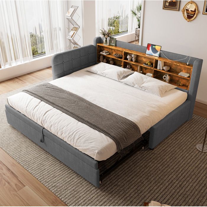 Lit banquette gigogne 90x190/200 cm 2 personnes. avec rangement. USB+TypeC. sommier à lattes. sans matelas. lin. gris