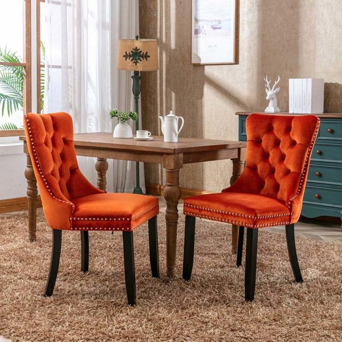 Chaise de salle à manger - Lot de 2 - Velours orange - Dossier haut ergonomique - Pieds en bois massif